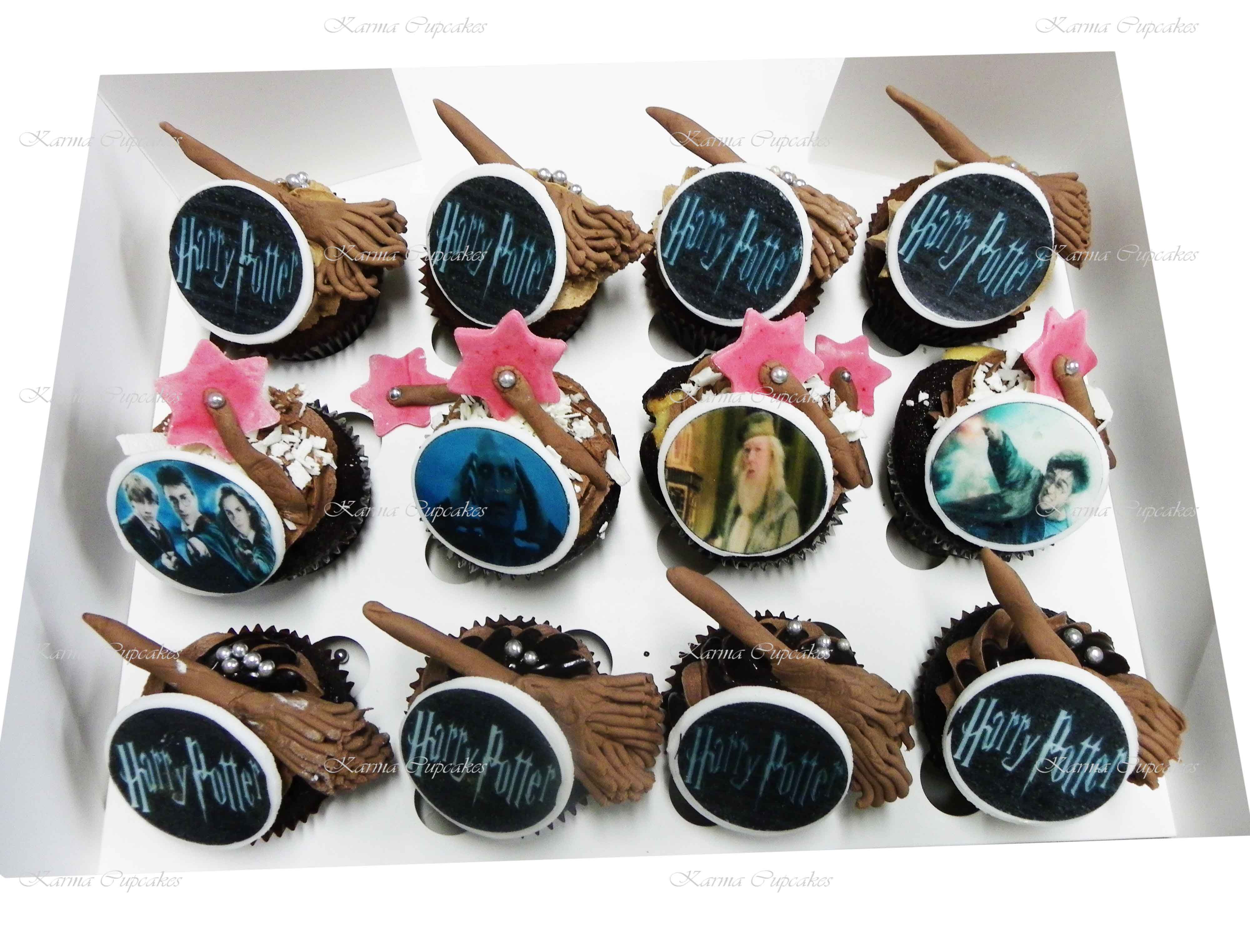 Harry Potter Cupcakes topped with brooms, wands & edible images