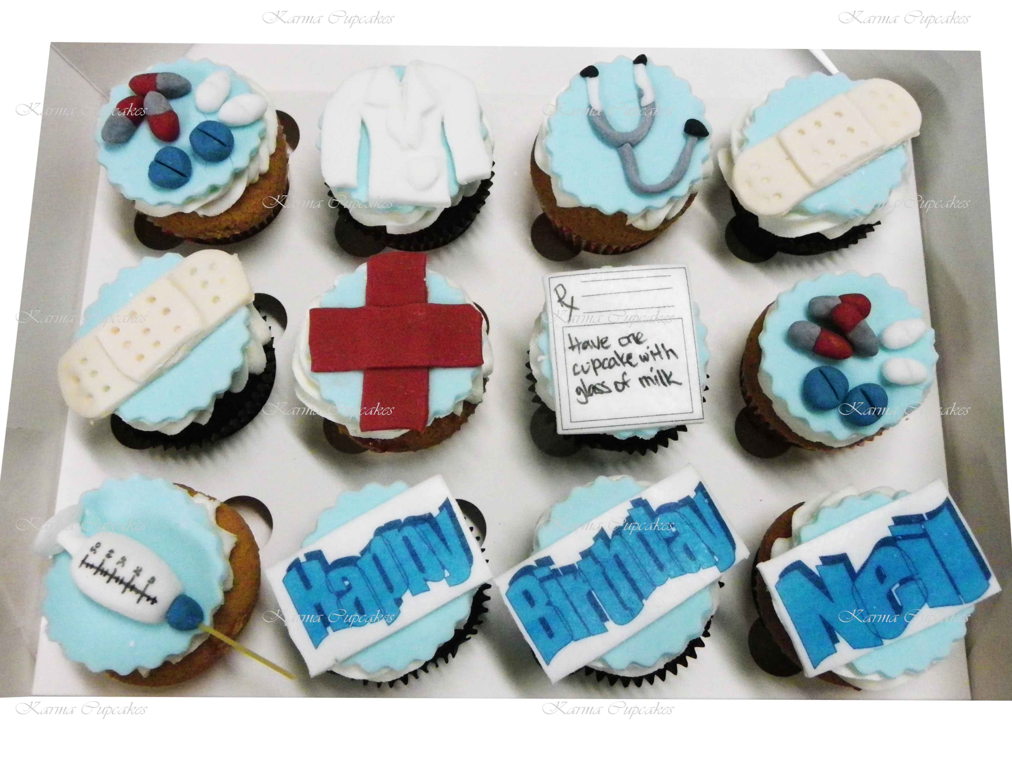 Cupcakes Topped With 3d Medical Themes And Happy Birthday Edible Image