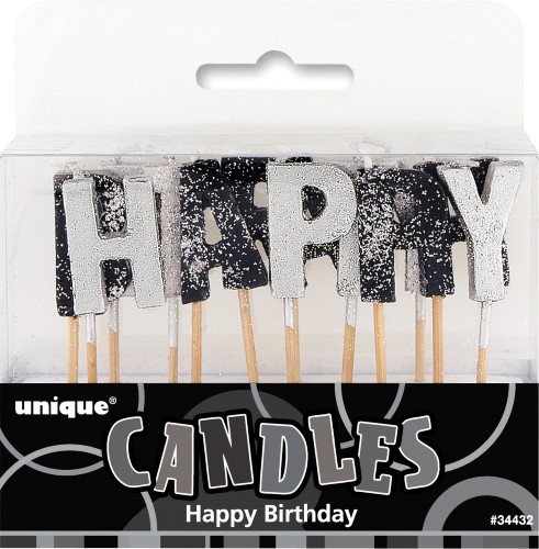 Happy Birthday Black And Silver Glitter Candles For Your Cake