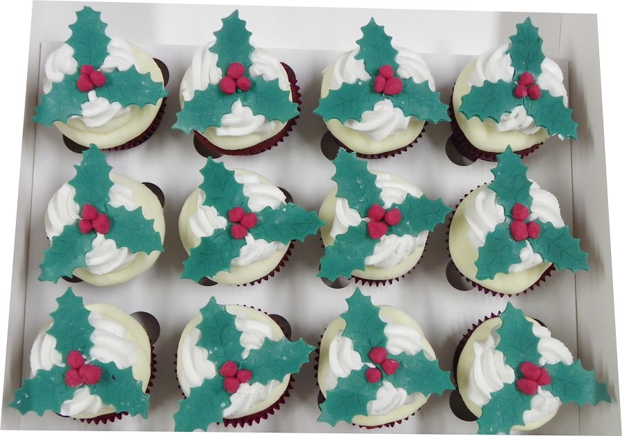 12 Holly Red Velvet Cupcakes