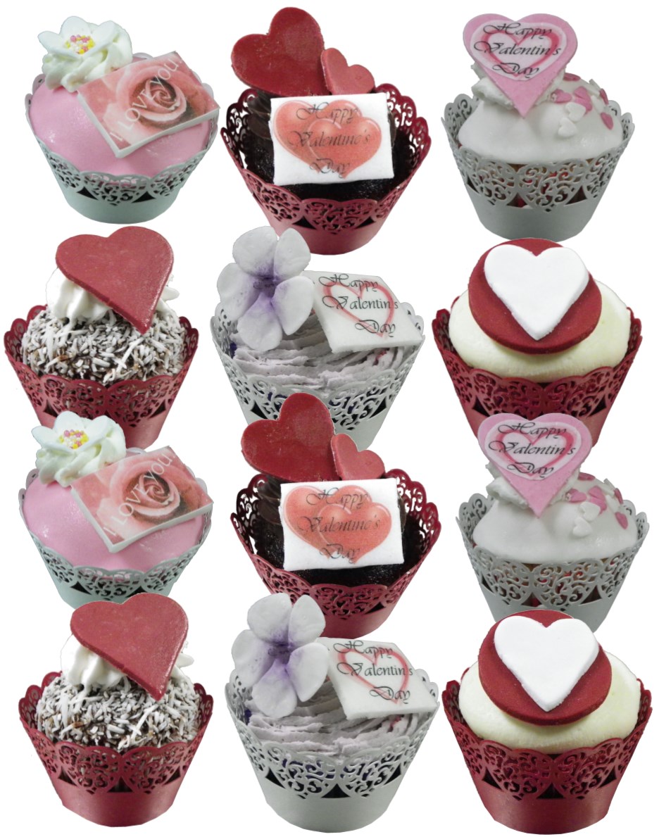 12 Mixed Valentine cupcakes with lace wrappers