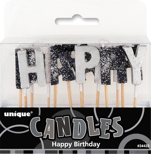 Happy Birthday Black and Silver Glitter Candles
