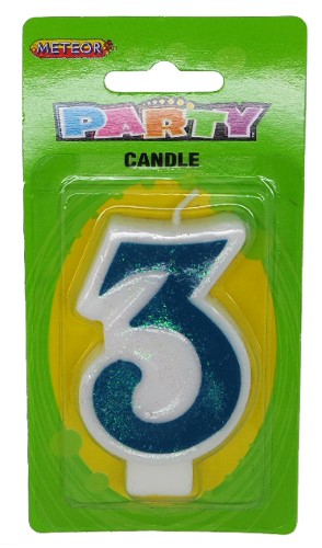 Numeral Candle 3 - Blue Glitter