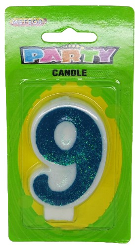 Numeral Candle 9 - Blue Glitter