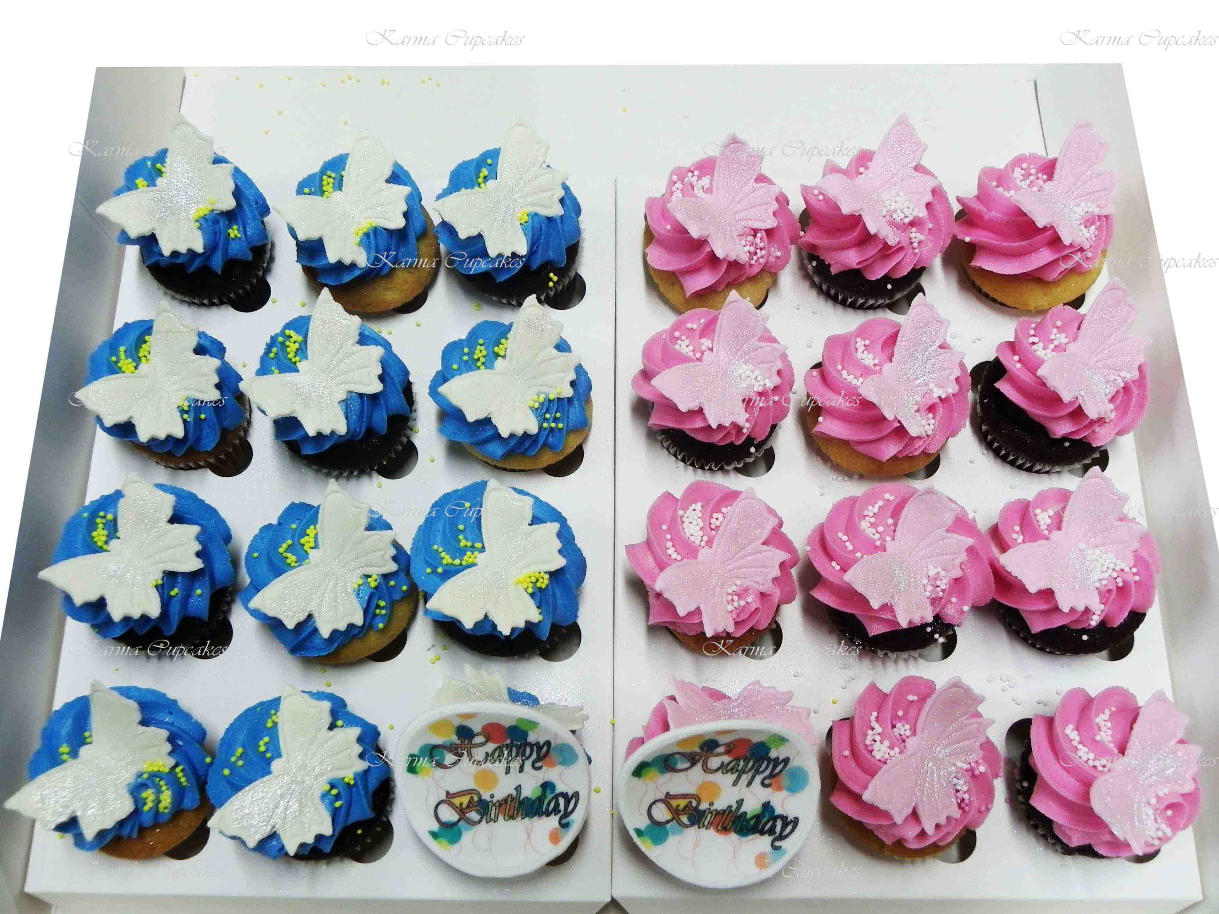 Mini Cupcakes with Butterflies and Happy Birthday Edible Plague - Choose your colours