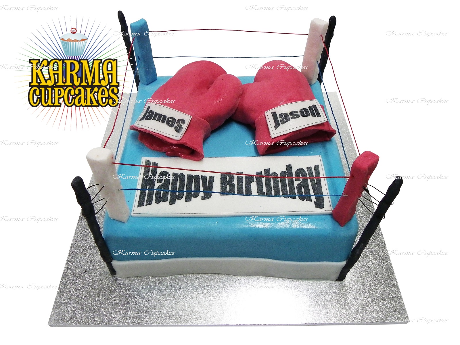 Boxing Ring with Gloves Square Birthday Cake