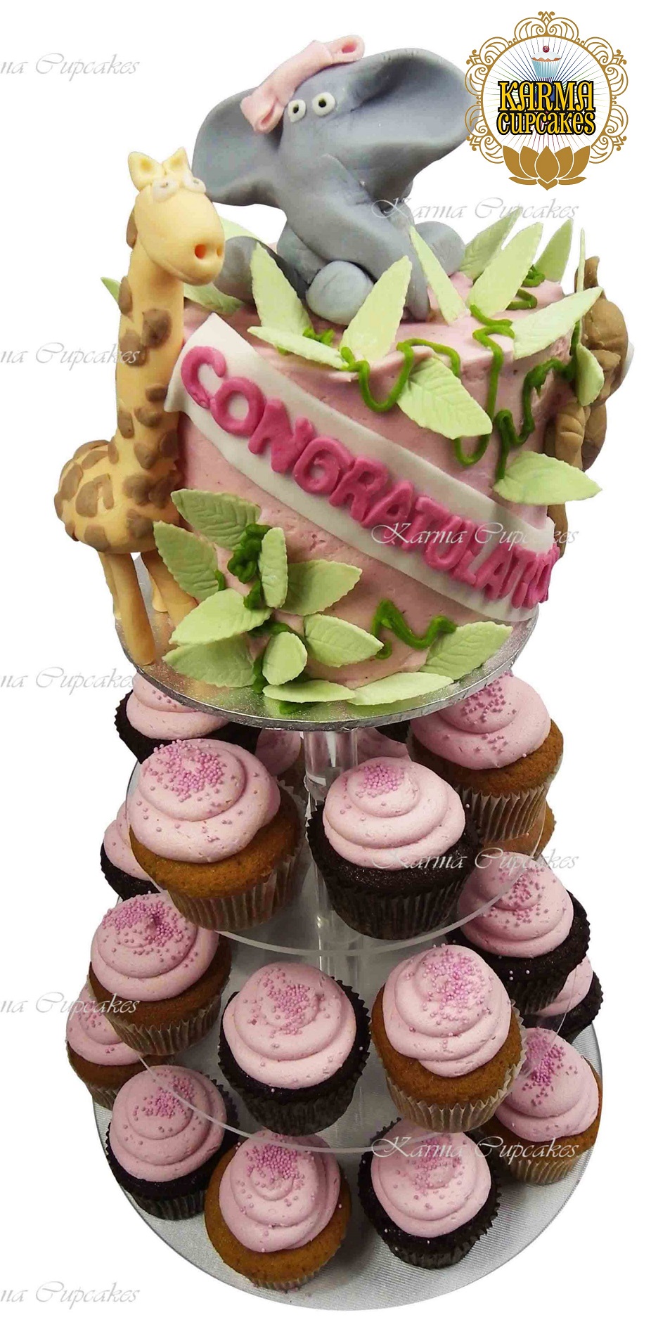 Congratulations Tower Cake with cupcakes