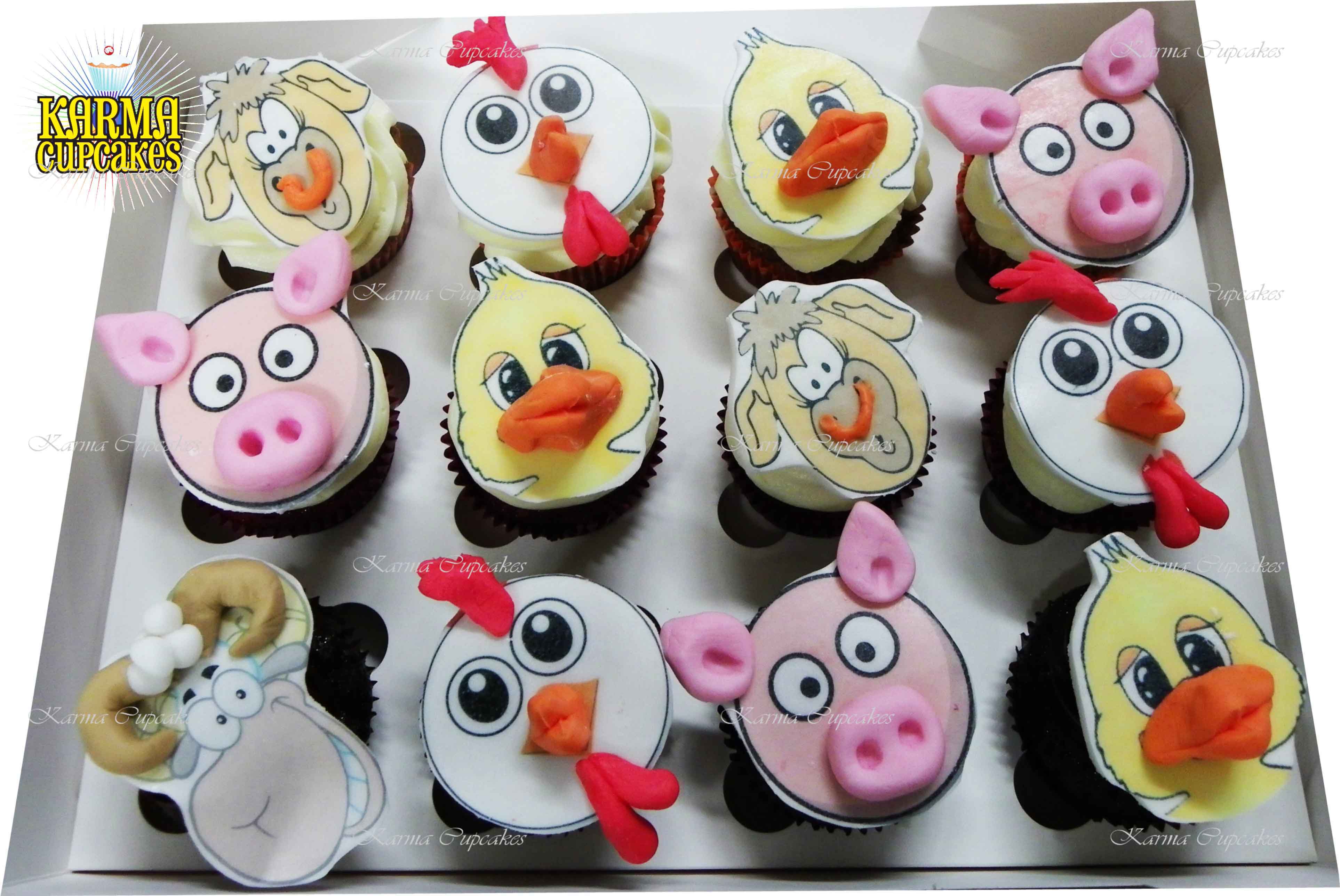 Farm Animal Cupcakes with Edible Images of Animals and 3D Features