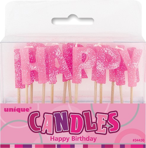 Happy Birthday Pink and Silver Glitter Candles