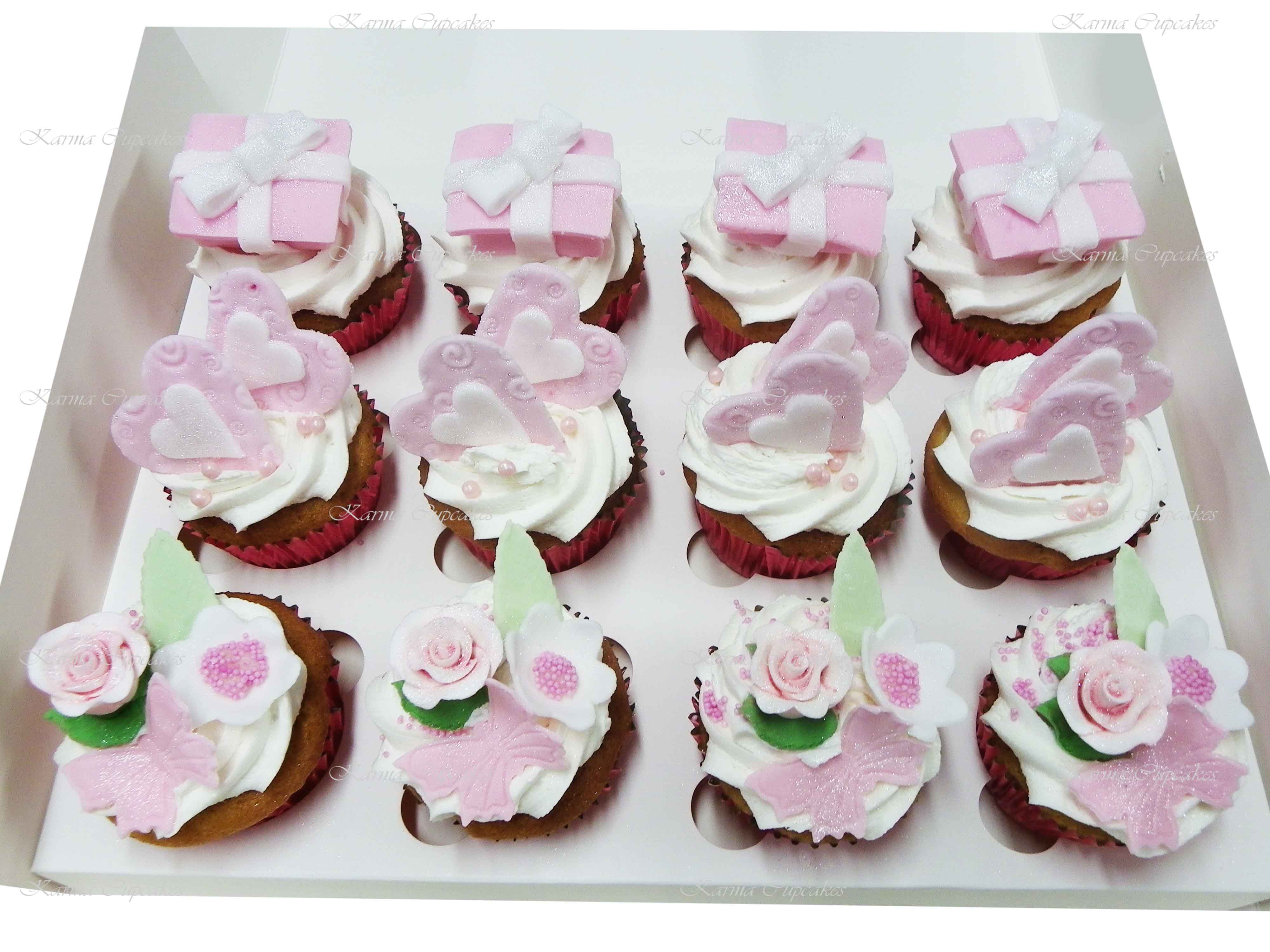 Birthday Cupcakes with Edible Flowers, Hearts and Handmade Presents