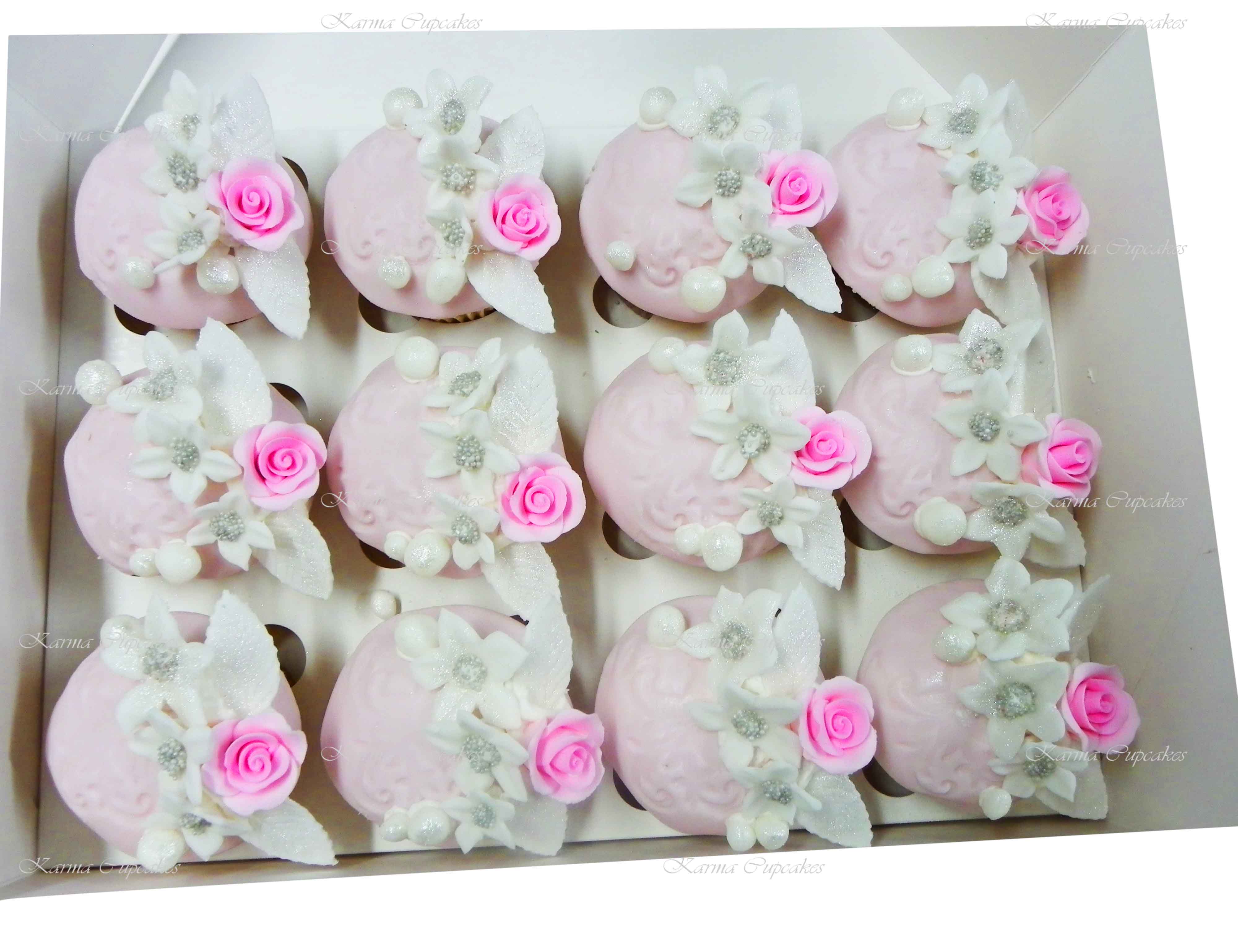 Pink Rose Cupcakes with Embossed Fondant Icing