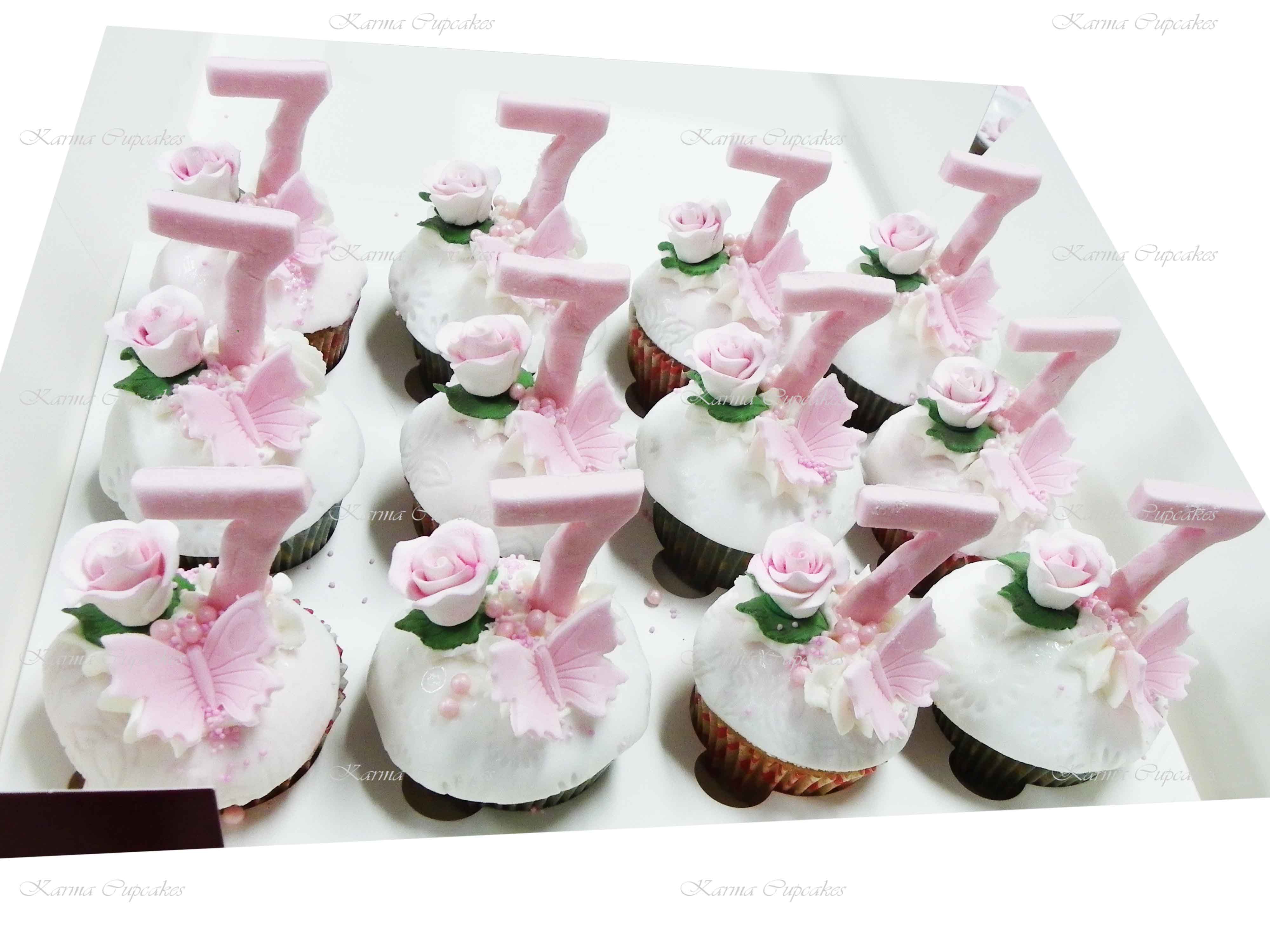 Birthday Cupcakes with Handmade Flowers and Number