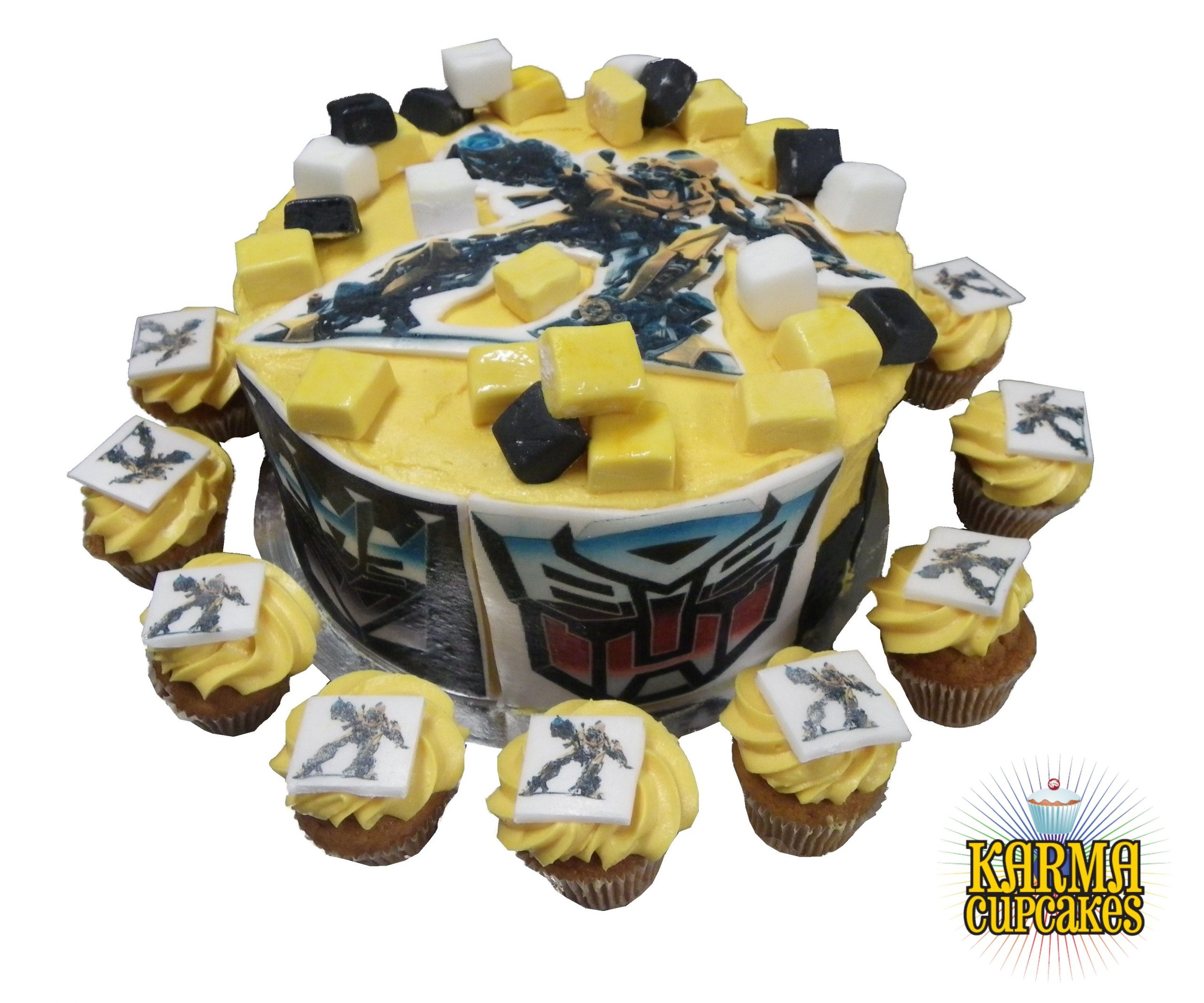 Bumblebee transformers cake & mini - karma cupcakes