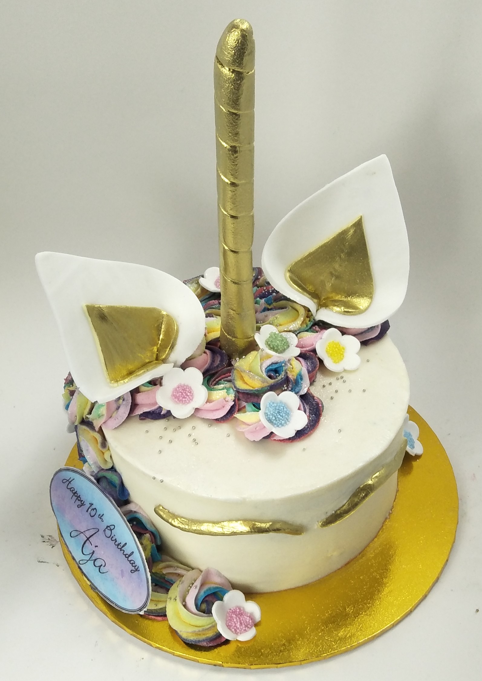 Gold Purple and Blue Unicorn Cake with edible greeting