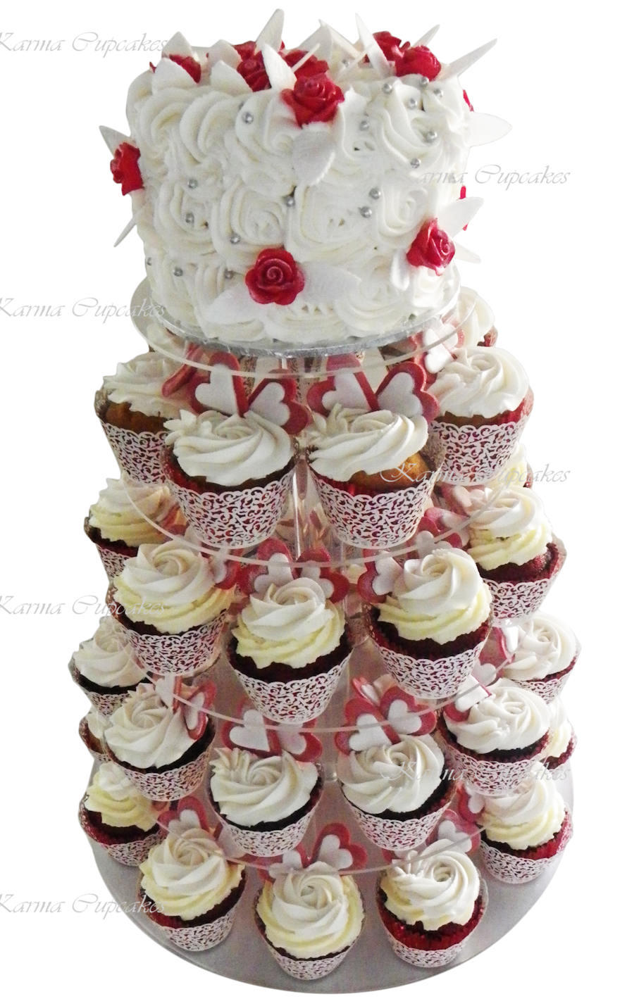 Karma Cupcakes white cake with edible red roses and matching cupcakes copy