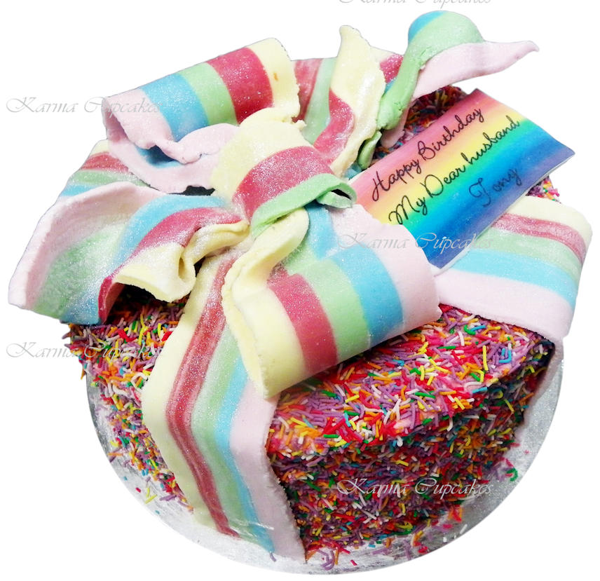 Rainbow gateaux birthday cake with bow copy