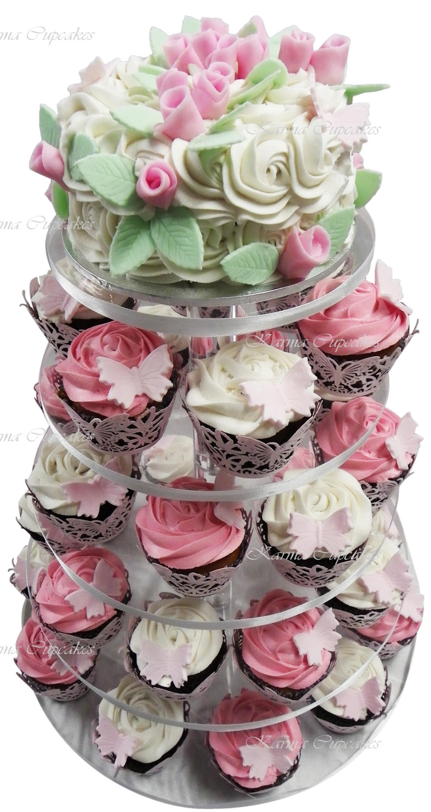 Rose swirl pink white green cupcake tower copy