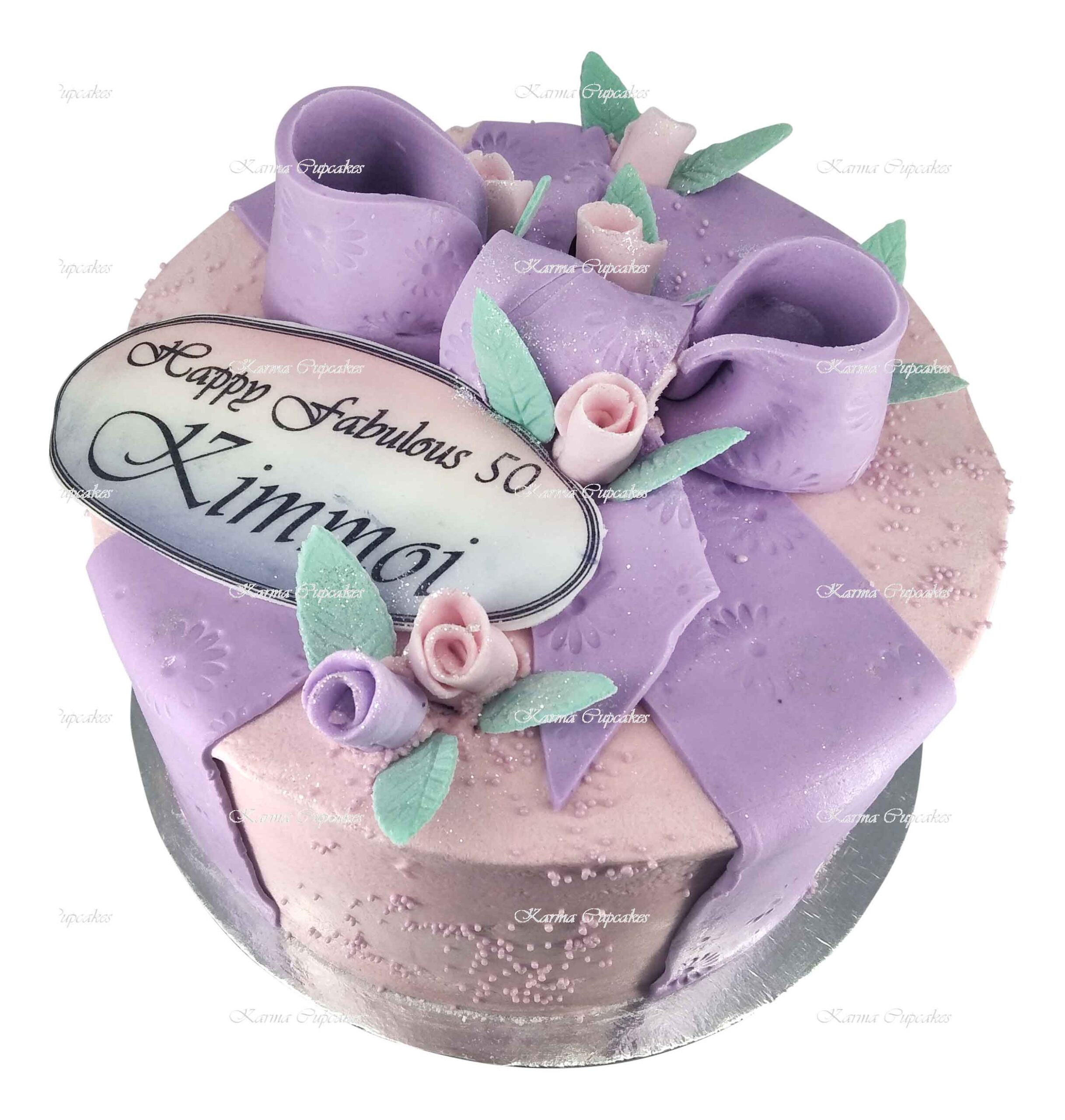 Pink-and-purple-ribbon-bow-cake-with-edible-plaque-(2)