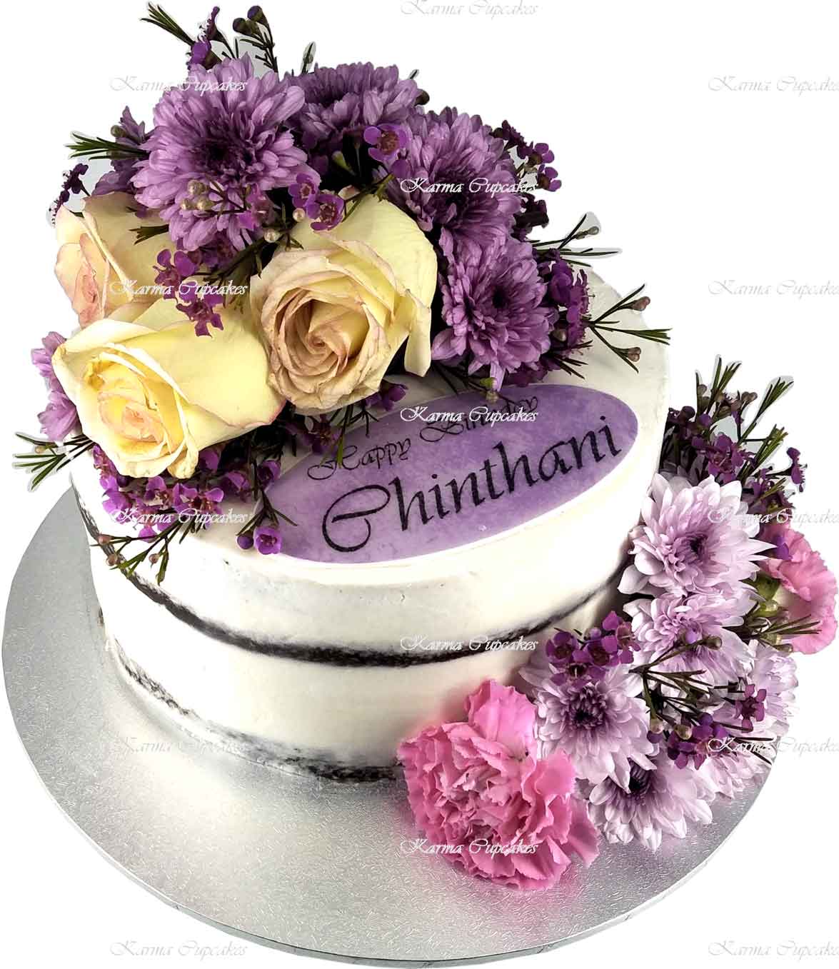 Classic-Fresh-Flowers-Floral-Naked-Cake-Edible-Name-Plaque-purple-yellow-white-old-fashioned