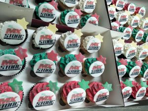Classic Christmas Cupcakes (chocolate & vanilla) with your logo or photo in a Christmas colour theme. Minimum order 12