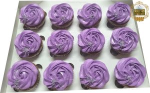 Women's Day themed purple rose swirl cupcakes