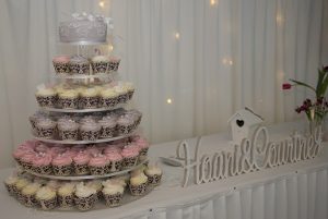 Pink, Lilac, Yellow and White Hearts and Roses Wedding Cake with Lace Cups