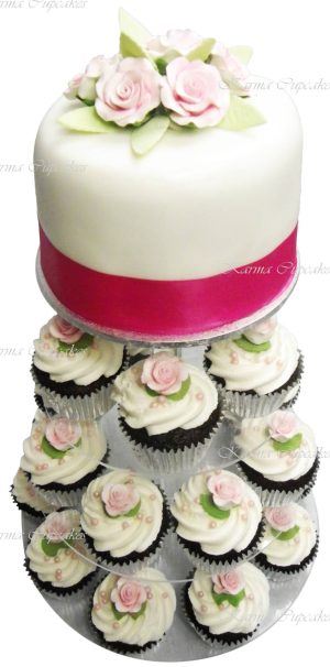 Wedding Cupcake Tower with Fondant Iced Cutting Cake and Handmade Sugar Flowers