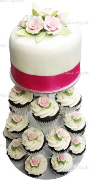 Wedding Cupcake Tower with Fondant Iced Cutting Cake and Handmade Sugar Flowers