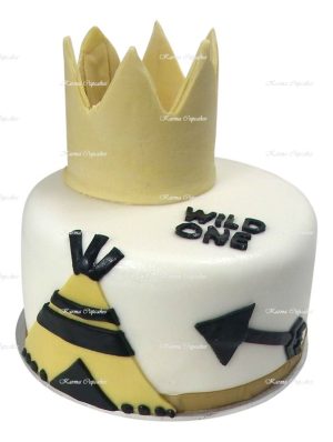 Wild one white fondant iced cake with edible gold crown
